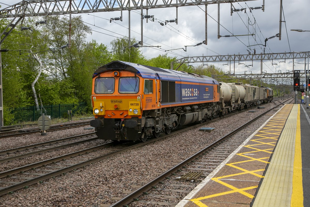 GBRf Class 66/7 No.66720 Wascosa with No.66731 Captain Tom Moore on the rear at Colchester on 19th April 2024 working 3Q00 11:43 Stowmarket-Broxbourne Bayer Weed Control train.#class66 #Colchester #WeedControl