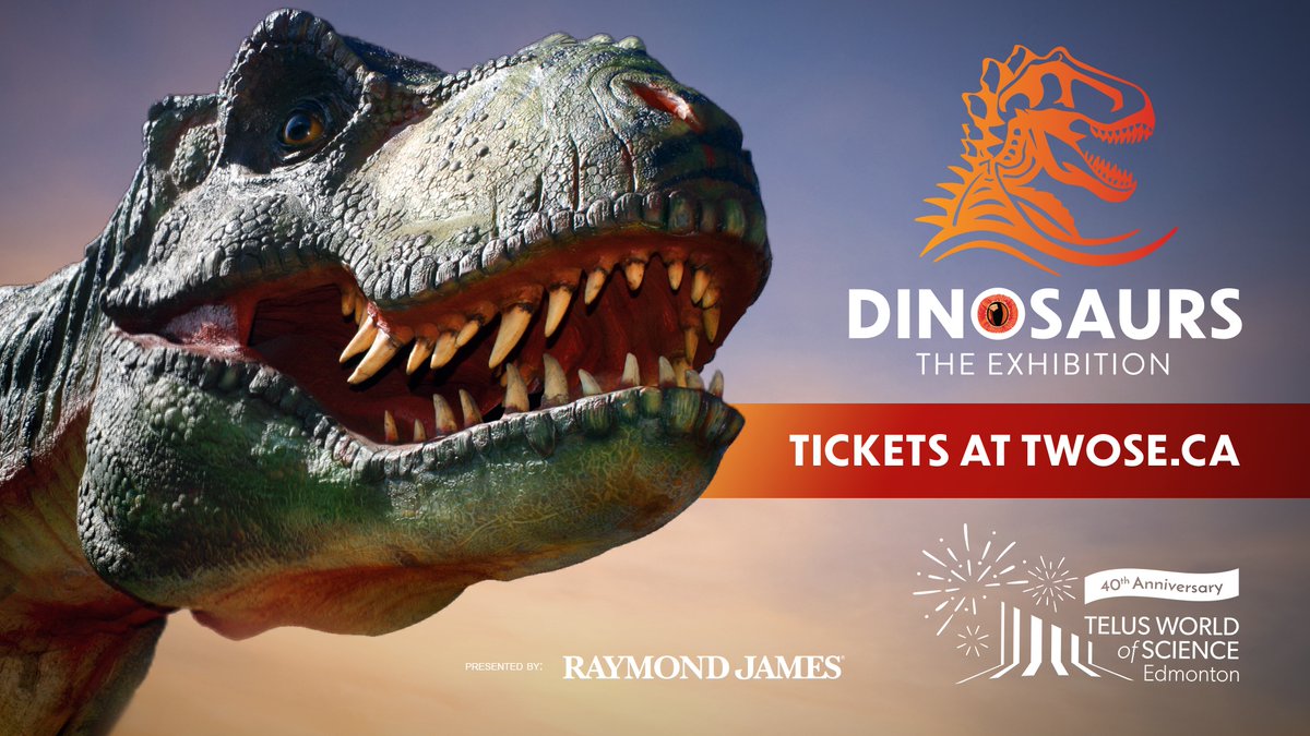 Travel back to the Mesozoic Era! 🦖🦕 Dinosaurs - The Exhibition is now open & ready for you to walk through its immersive world of prehistoric creatures! Experience their lifelike sounds & movements like never before! 😲 🎟️ twose.ca/dinos #yeg #yeglocal #MyTWOSE