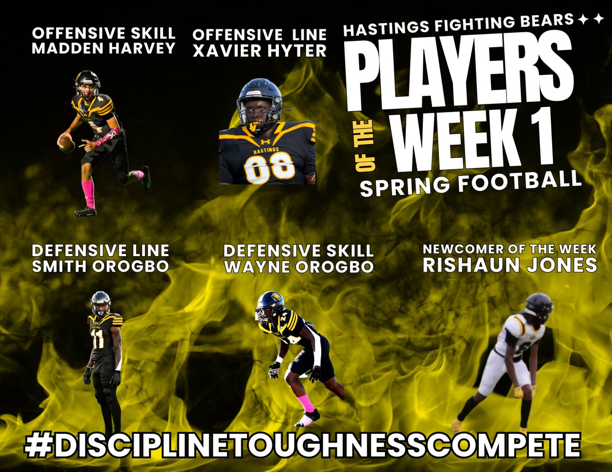 Amazing 1st Week of Spring Football!!!! These are the players of the Week. #DISCIPLINETOUGHNESSCOMPETE #fightingbears #alieffootball #aliefproud #6AFootball #Texasfootball @AliefHastingsFB @Snelly_78 @madden2tuff @XavierOhyter @Smithorogbo @waynegotspeed01 @RishaunJ
