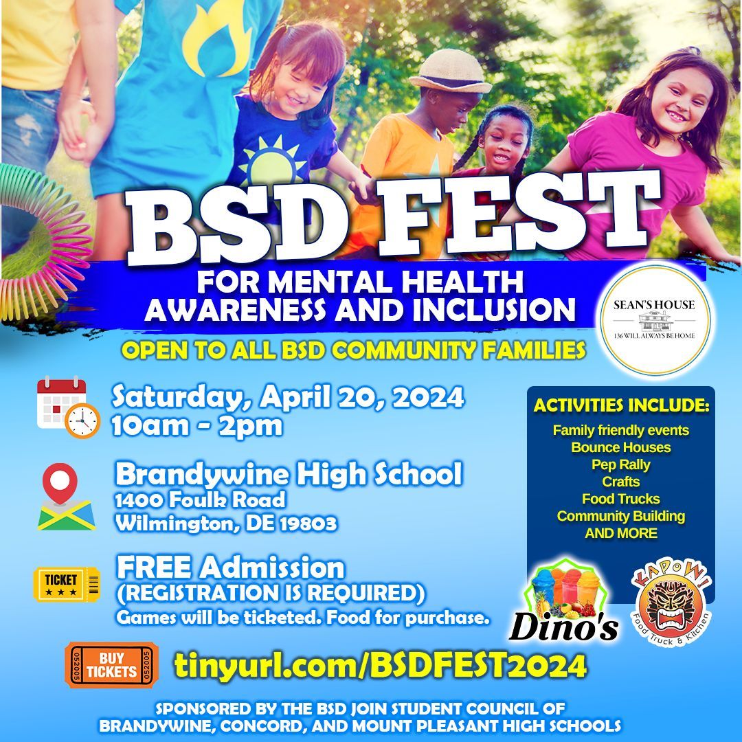 Join us Saturday, April 20, at Brandywine High School for the annual BSD Fest, hosted by the BSD Joint Student Council! It’s a day of fun, food, & festivities while helping to support mental health awareness & inclusion! For more info visit tinyurl.com/BSDFest2024 #Proud2bBSD