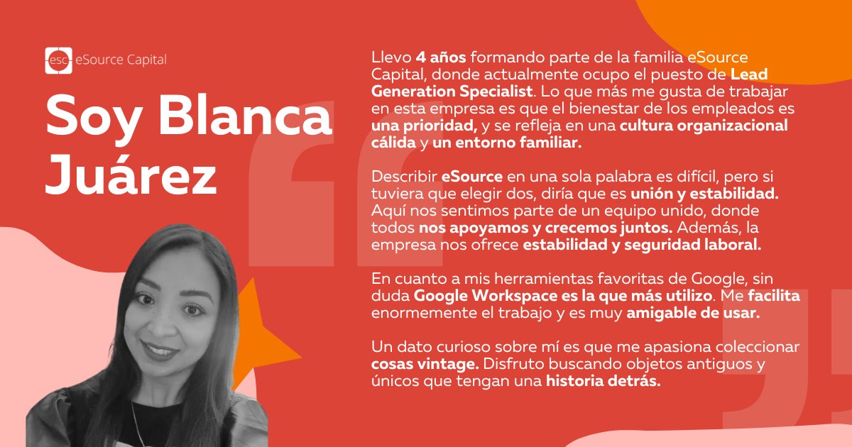 ¡Descubre quién impulsa la excelencia en eSource Capital en nuestra serie #DetrásdeCámaras! Hoy, conoce a Blanca Juárez, nuestra especialista en generación de leads. Descubre más sobre su trayectoria y su pasión por la cultura de nuestra empresa. 🚀

#eSourceCapital #Equipo