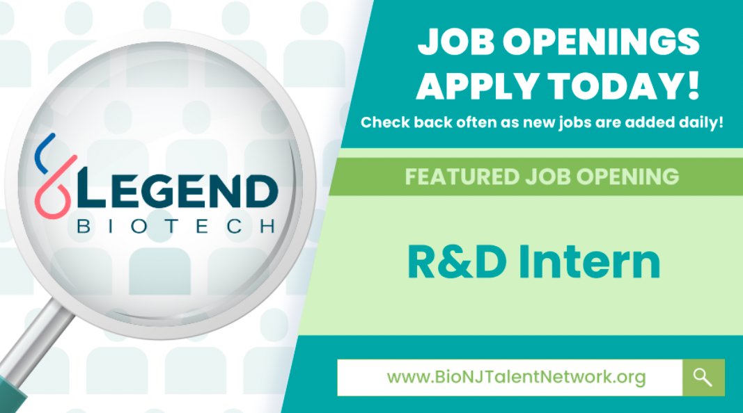 JOB ALERT: Legend Biotech is #hiring an R&D Intern! Visit #BioNJ’s Career Portal and #apply today! Check back often as new jobs are posted daily. #NJJobs #career #resume #lifesciencejobs #jobalert #njjobs ow.ly/Rtll50RetG9