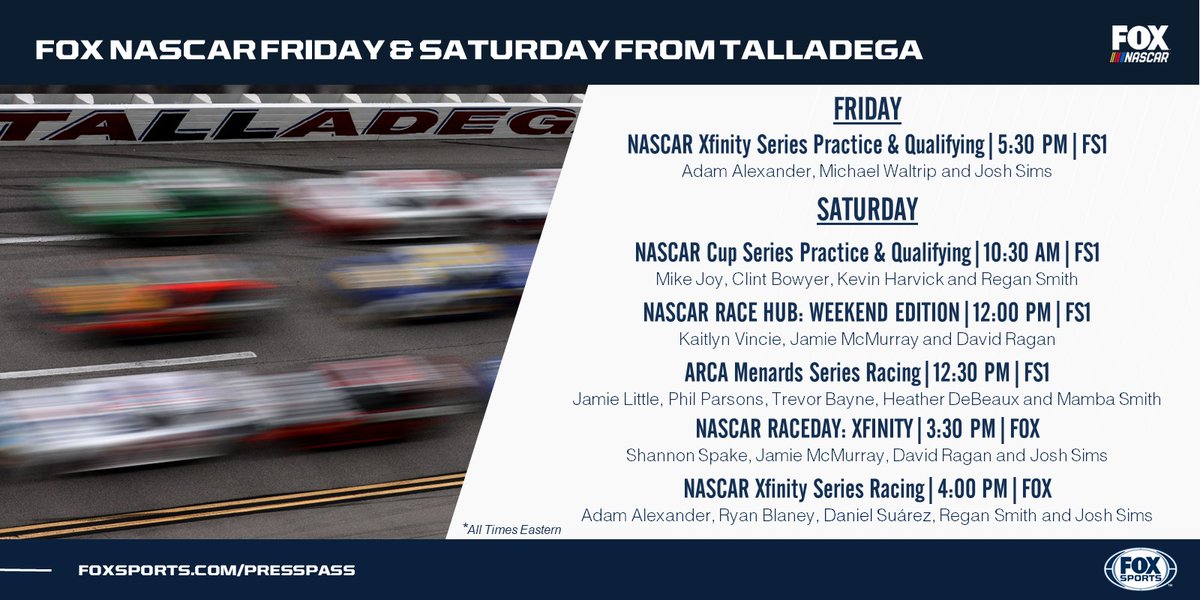 Sweet Home Alabama! 🎶🎶 This weekend, NASCAR rolls into @TALLADEGA, the biggest and baddest track on the circuit. @NASCARonFOX has all the fast-paced action, beginning today with @NASCAR_XFINITY practice & qualifying. 🏁