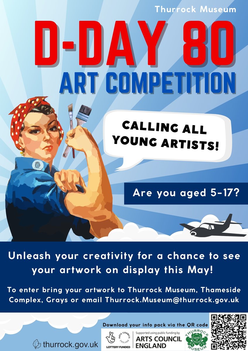 📣🎨 Calling all young artists aged 5-17 years - unleash your creativity and enter Thurrock Museum 's D-Day 80 Art Competition! The competition closes at 5pm on Thursday 25 April 2024. ➡️ Download your info pack via the QR code or visit: orlo.uk/d-day-80_mGp6G