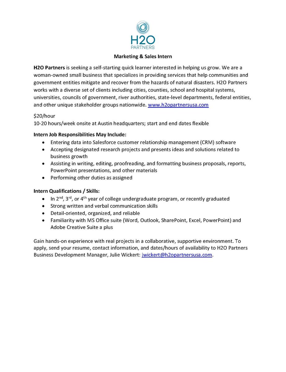 H2O Partners is looking for an #intern to join our #BusinessDevelopment team for the summer! In this role, you will help connect H2O with communities in need of #mitigation & #disasterrecovery services. Please reach out with any questions & feel free to share with your network!