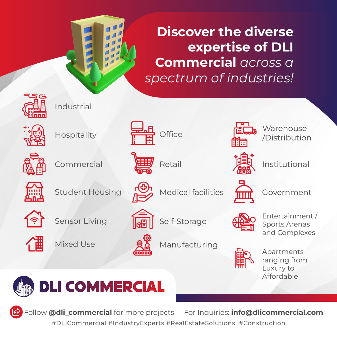 Discover the diverse expertise of DLI Commercial across a spectrum of industries!  👷🚧🏗️ Trust DLI Commercial for your real estate needs. #DLICommercial #IndustryExperts #RealEstateSolutions  #Construction