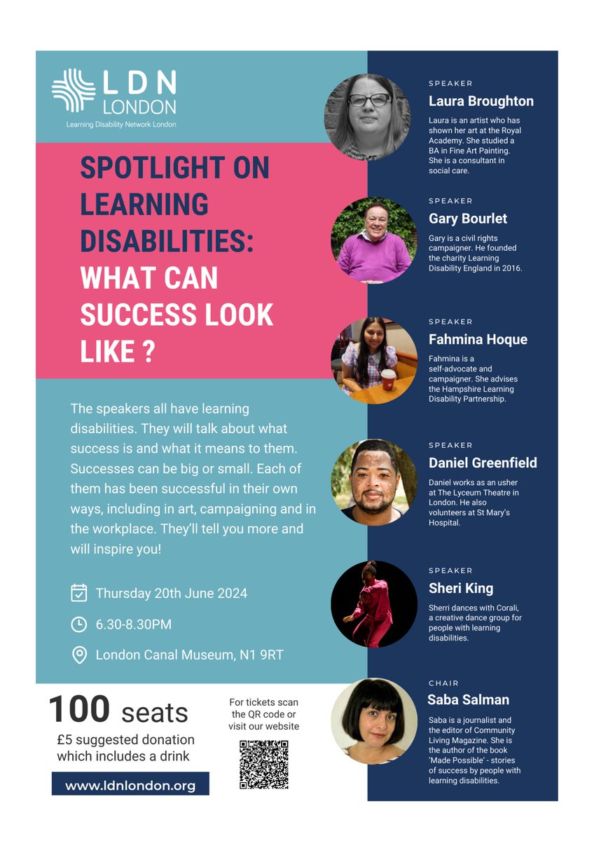 We're excited to invite you to our event Spotlight On: Success' on 20 June. Five great guests, who have learning disabilities, will join us to tell their stories. They'll talk about what success means to them. 😀 @Saba_Salman is chairing the event. 🎟️ldnlondon.org/spotlight-on-w…