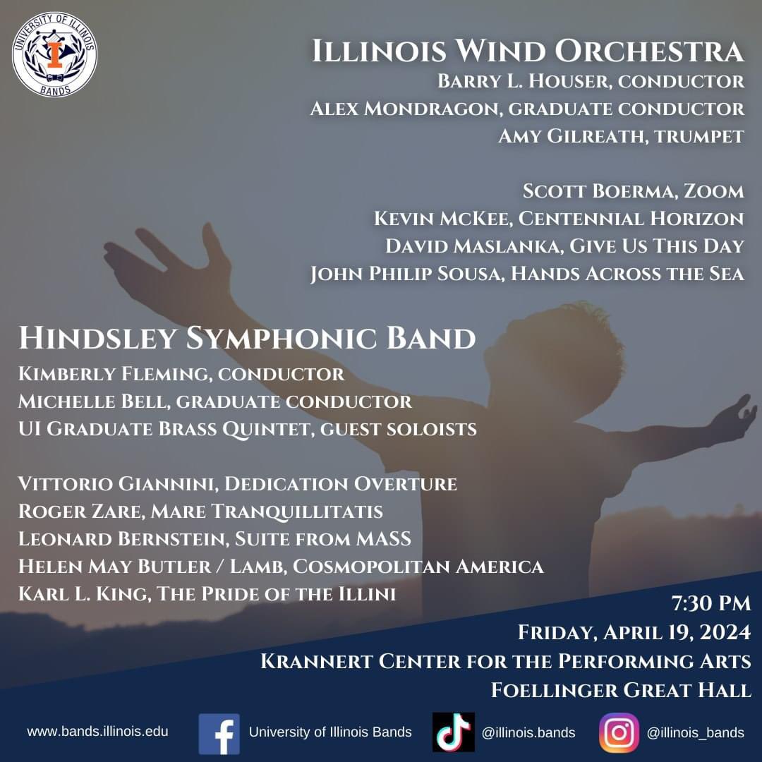 CONCERT TONIGHT! Please join the talented Wind Orchestra students, our guest soloist Dr. Amy Gilreath-trumpet, and the fantastic music of @scottboerma Kevin McKee, David Maslanka and John Philip Sousa! Join us in @krannertcenter or via livestream on @illinoismusic YouTube