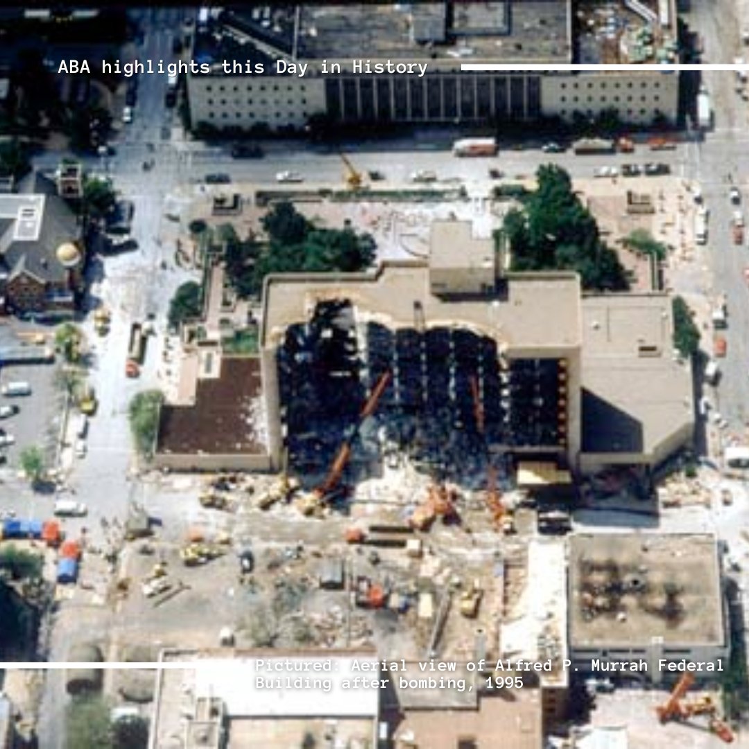 Today in 1995, the Oklahoma City bombing killed 168, including 19 children — the deadliest act of terrorism in the U.S. before 9/11. @ABAEsq remembers the victims and reflects on its influence on national security policy and civil liberties. #LegalHistory #ABA