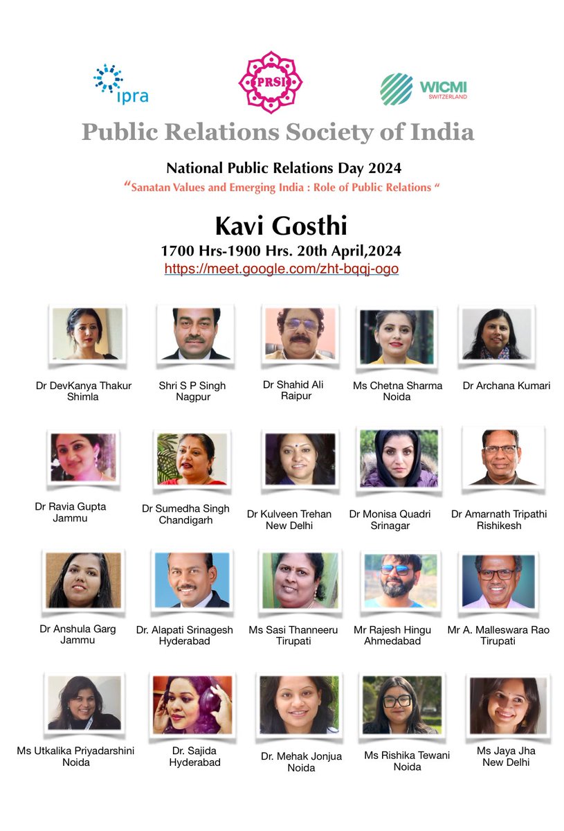 PRSI is celebrating National Public Relations Day on 21 st April ; A  Kavi Gosthi is being organised at  1700 Hrs on 20 April 2024. Join  the virtual event theme of Sanatan Values and Emerging India: Role of Public Relations .

meet.google.com/zht-bqqj-ogo
