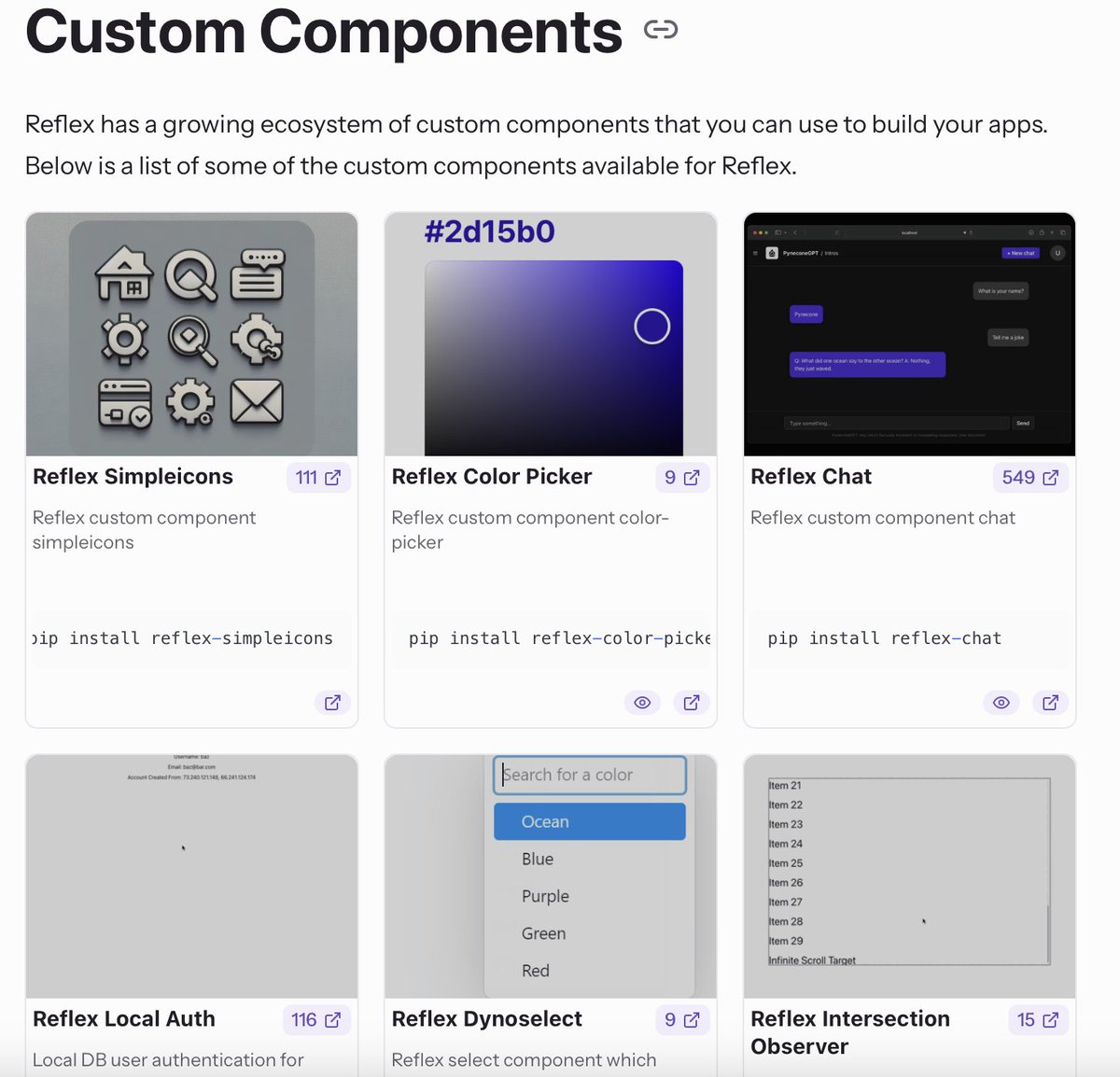 We're launching Reflex's custom components ecosystem! Developers can now publish their own components and share them with the community. We have many components already available, including a chatbot, webcam, and authentication. See our blog post: reflex.dev/blog/2024-04-1…