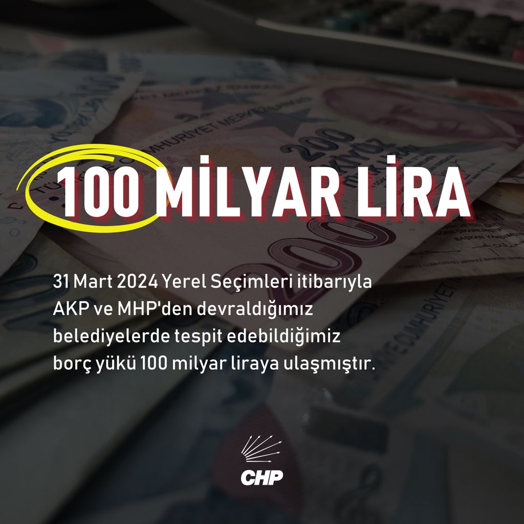 🔴#SonDakika CHP açıkladı: 'AKP ve MHP'den devralınan belediyelerin şu ana kadar tespit edilen borç yükü yaklaşık 100 milyar TL.' Yuh olsun.. Ülkeyi nasıl sömürmüşler.. Burnunuzdan gelsin.. Bahçeleriniz bahar görmesin.. Haram olsun her kuruşumuz..
