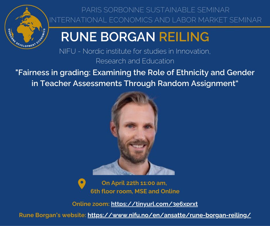 [ 🚨 PSSD-IELM SEMINAR - April 22ND 🚨 ]

Rune Borgan Reiling from NIFU will present the seminar on Monday!

📝"Fairness in grading: Examining the Role of Ethnicity and Gender in Teacher Assessments Through Random Assignment"

📍11:00am👇:
pantheonsorbonne.zoom.us/j/94822459595?…