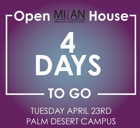 4 Days to go! Join us for a day of fun and discovery at our Palm Desert Open House this Tuesday! 📆

#MilanInstitute #MIPalmDesert #PalmDesert #OpenHouse #Countdown #CareerTraining #BeautyPrograms #MassageProgram #HealthcarePrograms