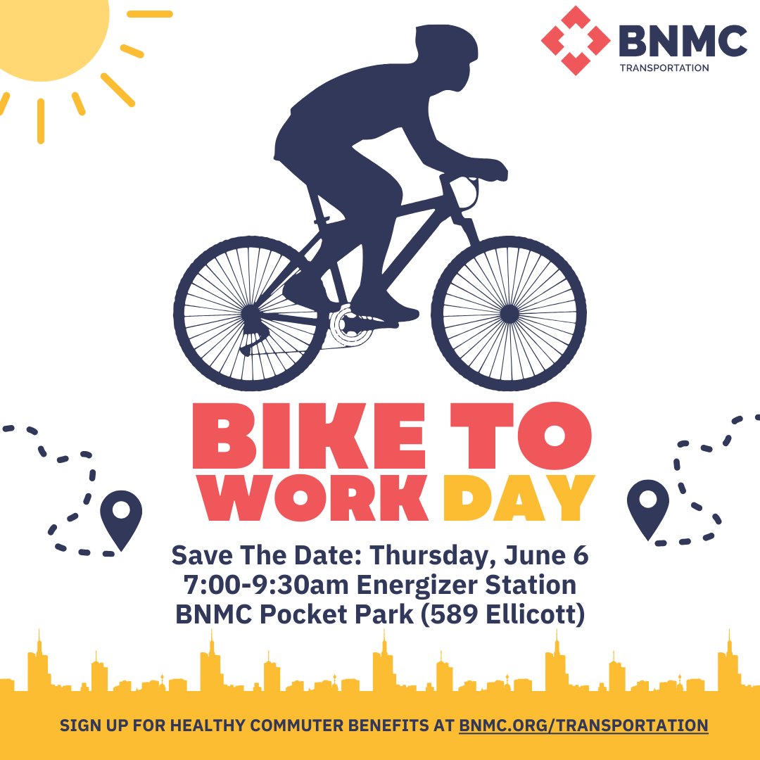 🚲✨ Save the Date! 📅 Join us for Bike to Work Day on Thursday, June 6th from 7:00-9:30am at the Energizer Station in BNMC Pocket Park (589 Ellicott Ave). 🌳🚴‍♀️ Start your day with a boost of energy and enjoy some fun activities as we celebrate the joy of biking to work!