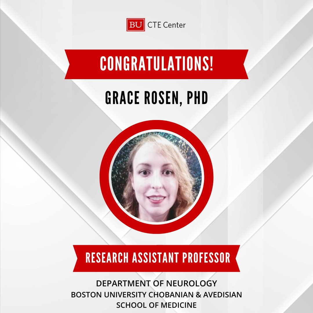 Congratulations to BU CTE Center Research Scientist Grace Rosen, PhD, on her recent promotion to Research Assistant Professor in the Department of Neurology! You can learn more about Dr. Rosen at bit.ly/gracerosen.