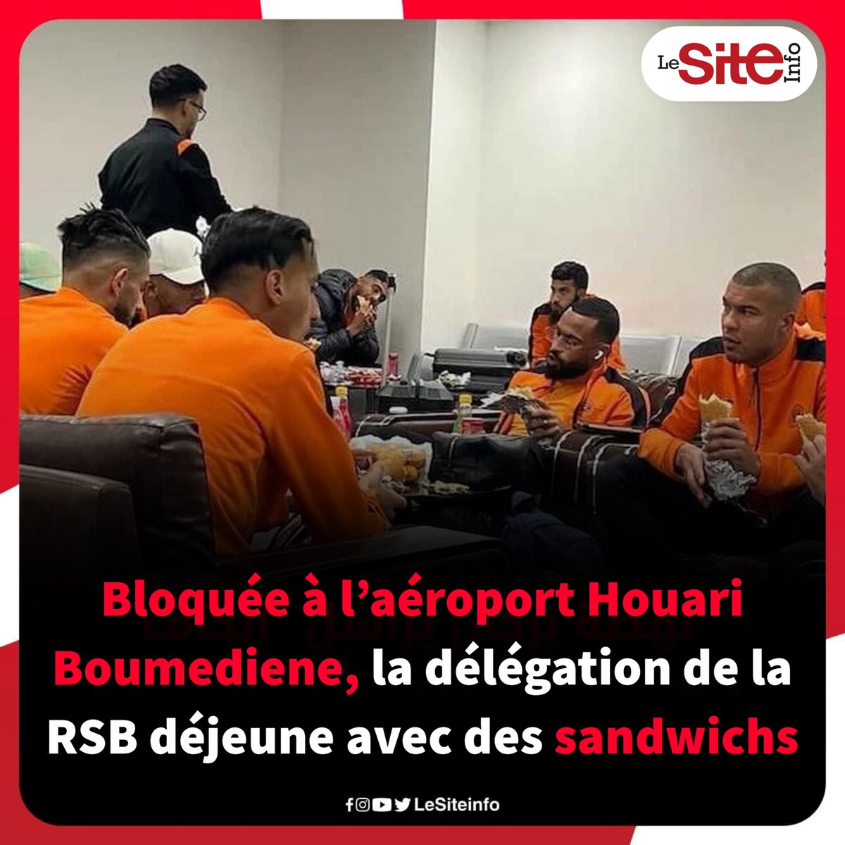 La délégation de la RS Berkane 🇲🇦 est toujours bloquée à l’aéroport Houari Boumediene 🇩🇿✈️. Les joueurs et le staff ont déjeuné avec des sandwichs.