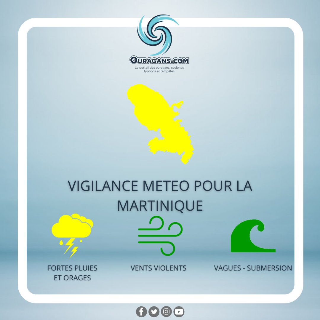 A 11h45, la #Martinique a été placée en #VigilanceJaune pour 'Fortes pluies/Orages' jusqu'à dimanche, en raison d'un air chaud et humide qui devrait provoquer des averses dès cet après-midi, s'intensifiant durant la nuit et demain en journée.