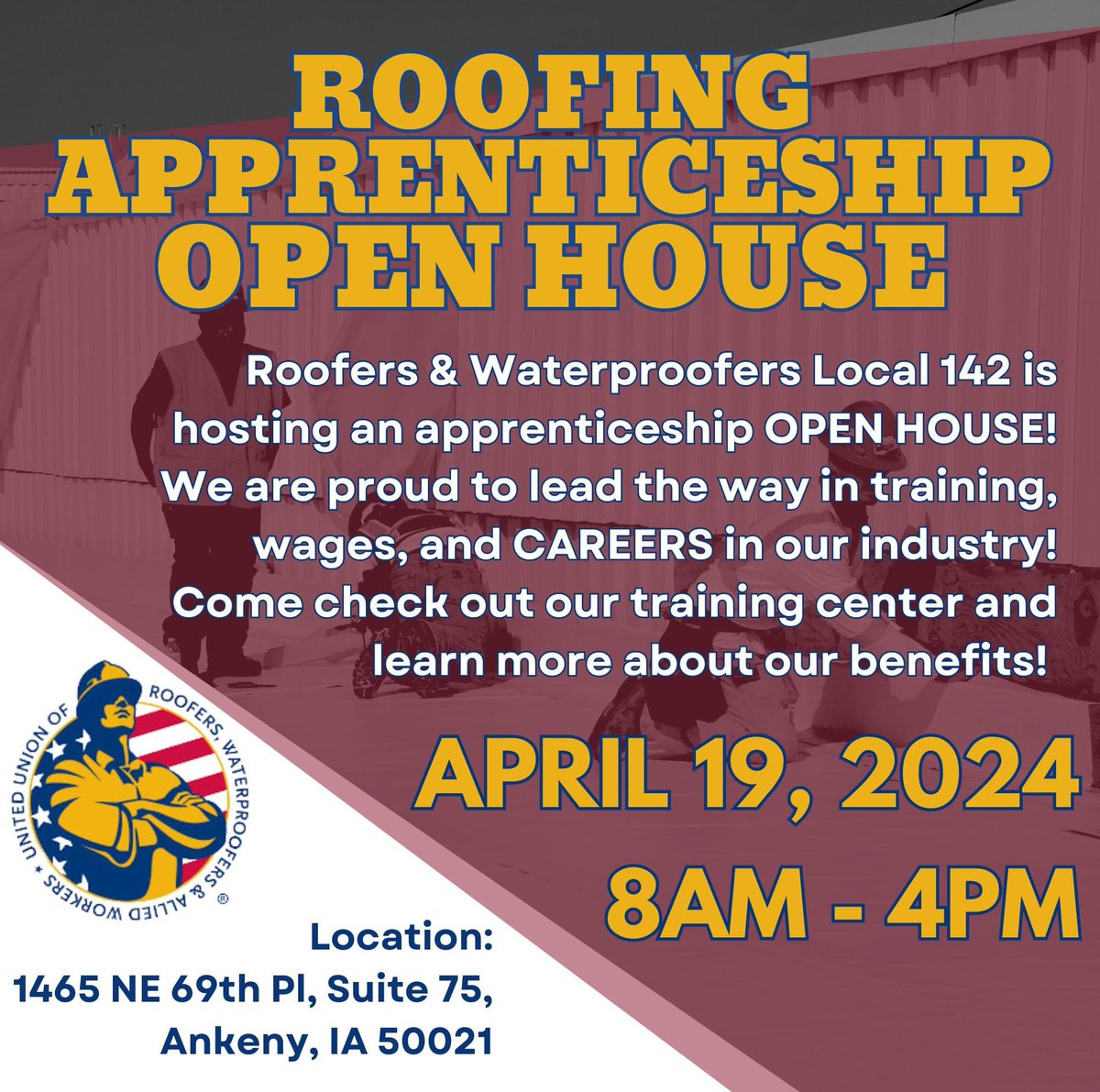 Awesome opportunity TODAY to learn more about @roofersunion Local 142 and their growing #apprenticeship!

#iowaskilledtrades #iowaconstruction #IowaWorkforce #iowajobs #iowaroofers