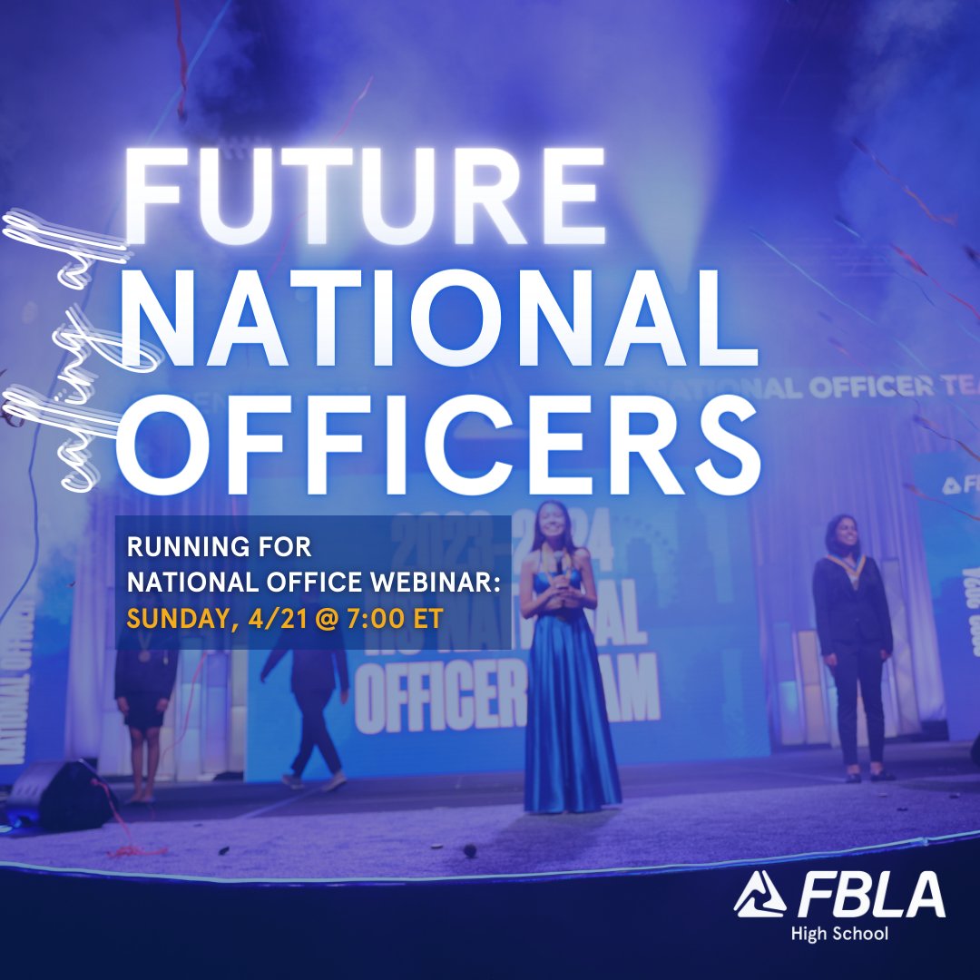 With NLC coming soon, it's almost time to elect the next High School National Officer Team! If you are planning to run this year or in the future, sign up for the 'Running for National Officer Webinar - High School' at linktr.ee/fbla_national!