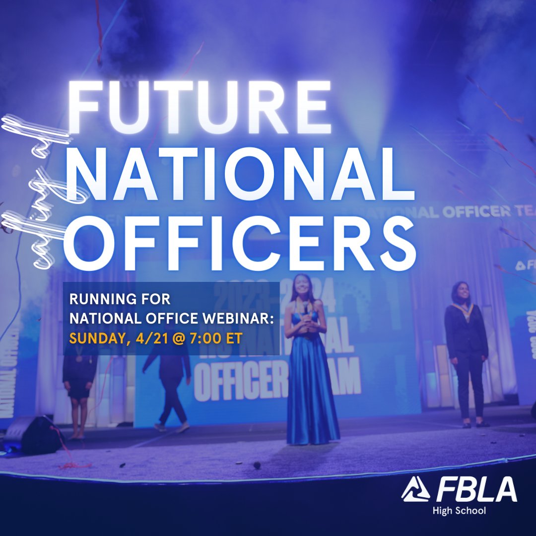 With NLC coming soon, it's almost time to elect the next High School National Officer Team! If you are planning to run this year or in the future, sign up for the "Running for National Officer Webinar - High School" at linktr.ee/fbla_national!