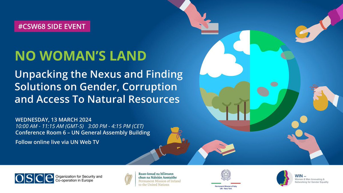 4/4: '#Women's presence in negotiations on natural resources can change their dynamics and content” highlighted @aysebetulcelik at the #CSW68 side-event 'No Woman's Land' at @UN HQ w/ @OSCE on the nexus between #gender, the access to natural #resources and #corruption. 🕊️✨