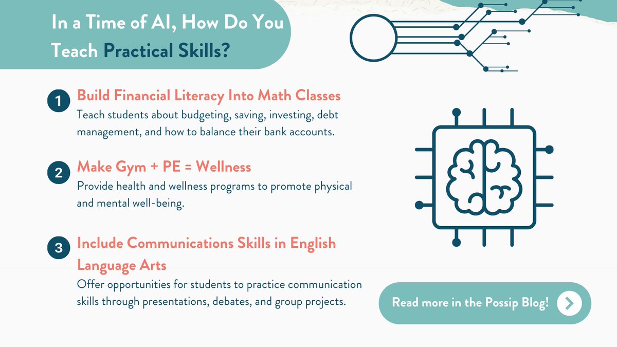 PossipIt's tweet image. Want kids with common sense AND tech skills in a time of AI? 😉 Check out the list of practical skills you can teach kids today, so they can be ready for tomorrow. 

Read the full list of practical skills here: hubs.la/Q02tkkwt0

#AI #PracticalSkills #Students #PossipBlog