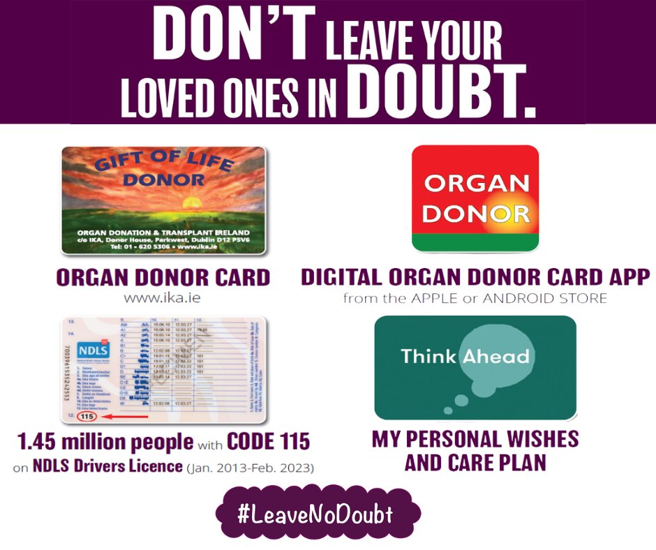 There are four ways you can indicate your wish to be an organ donor - whichever one you pick, make sure you have the conversation with your family and #LeaveNoDoubt about your wishes! #DonorWeek24 Visit ika.ie/donorweek for more.