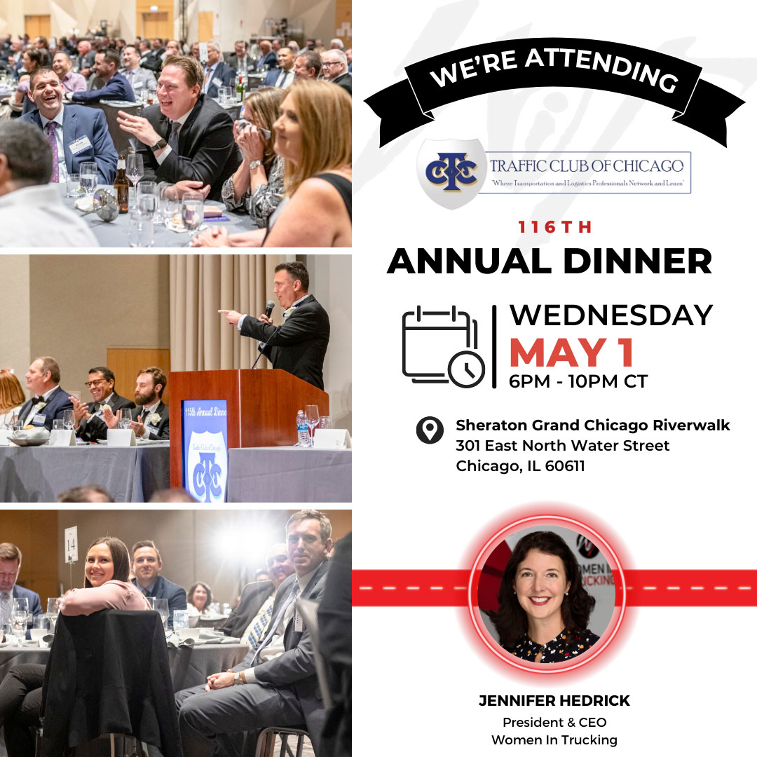 We'll be participating at the upcoming @TrafficClubCHI Annual Dinner at the Sheraton Grand Chicago on May 1. Join #WomenInTrucking President & CEO Jennifer Hedrick for an evening of invaluable peer networking! 🤝 Details and registration here: hubs.la/Q02tnrCB0
