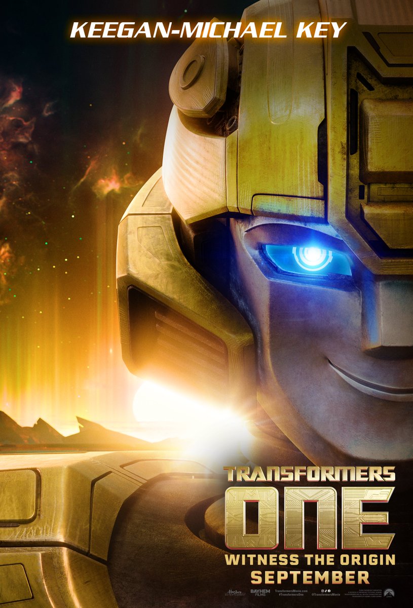 New character posters for 'TRANSFORMERS ONE' feature: Chris Hemsworth - Optimus Prime Brian Tyree Henry - Megatron Scarlett Johansson - Elita-1 Keegan-Michael Key - Bumblebee #TransformersOne rolls out into theaters on September 20.