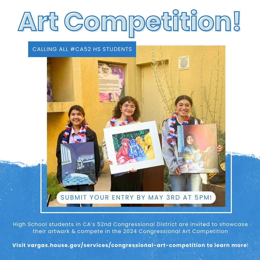 ICYMI: May 3rd is the deadline to submit your artwork 🖌️ for this year's Congressional Art Competition! 🎨 This competition is open to all CA-52 high school students and the winning artwork will be displayed in the U.S. Capitol🏛️. Learn more here: vargas.house.gov/.../congressio…