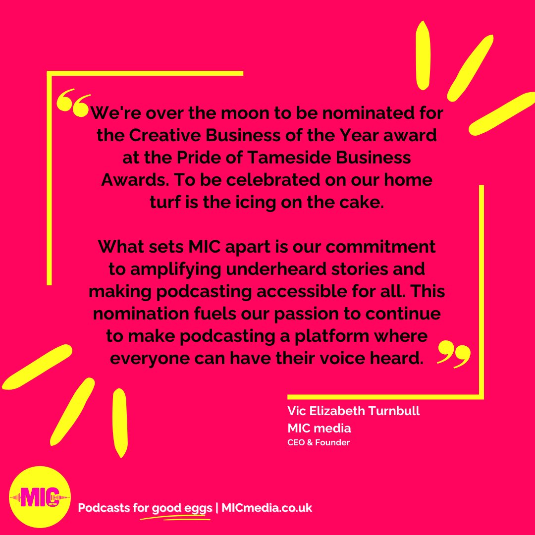 We're over the moon to be nominated for Creative Business of the Year award at @TamesideCouncil 's @TamesideBAwards 'This nomination fuels our passion to continue to make podcasting a platform where everyone can have their voice heard.' Read more ⬇️ micmedia.co.uk/2024/04/19/cre…