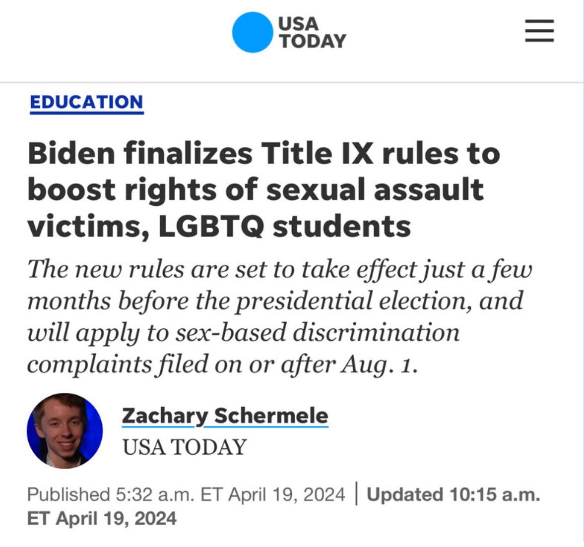BREAKING: New Title IX regulations will 'officially expand the rights of LGBTQ students + staff, setting in stone definitions that will protect our community from harassment or discrimination in any school that receives federal funding...The regulations will take effect 8/1/24.'