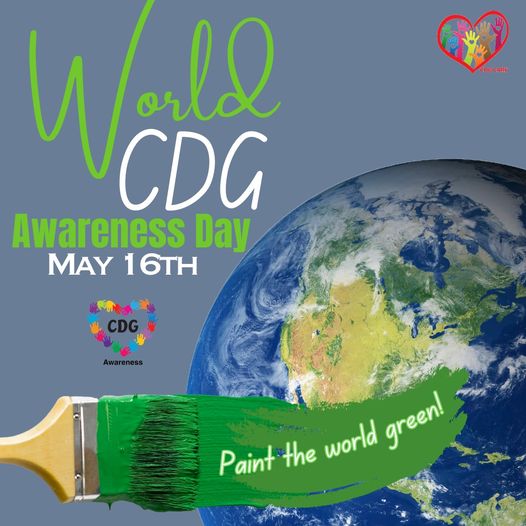 4 weeks to go!📣

May 16 is #WorldCDGDay ➡️ time to start painting the World 𝐆𝐑𝐄𝐄𝐍! 🌍 💚 🌏

Join the #CDGGoGreen campaign that encourages people to use green on May 16th, to show support for children and adults affected with CDG 🙌

 #LetsComeTogether