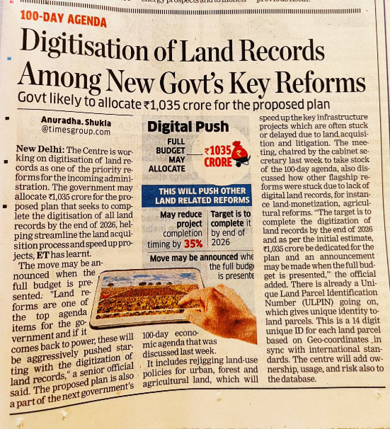 Glad to see that land record digitization will be high priority for the next Govt we get: Couple of points here: (1) The scheme to digitize land records was revamped in 2016 (original scheme started in 2008); outlay was expected to be ~₹11,000 crore (2) In 2020, the SVAMITVA