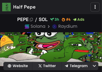 05pepesol's tweet photo. Half $PEPE climbing into top spot on Dexscreener trending. 

No1 incoming. 

- $1.4M volume 
- 1,100 Pepe tg troopers
- 1,267 holders 

CA: 3jVPmxzoEqpB3B2pcoKwENWXaozGkKoB8JLUmd2roLmn

$SOL $BTC $ETH https://t.co/W1CO95HJ0W