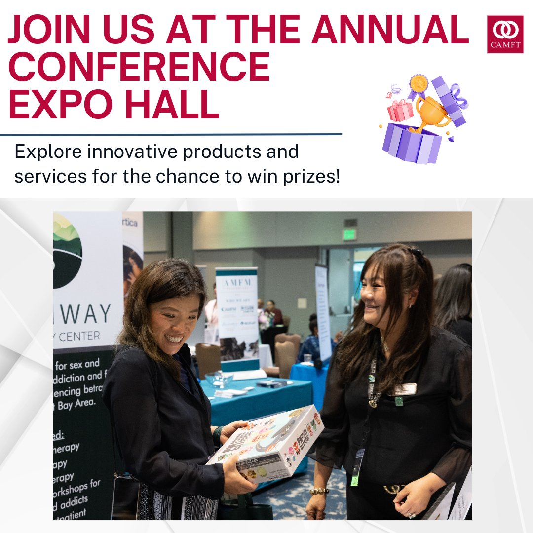 Get ready to level up your conference experience!

Don't miss out on the action-packed exhibitor hall with over 30 incredible booths waiting for you. Grab your exhibitor game card and explore the room for a shot at winning awesome prizes! 

 #CAMFTannualconference #CAMFTlive