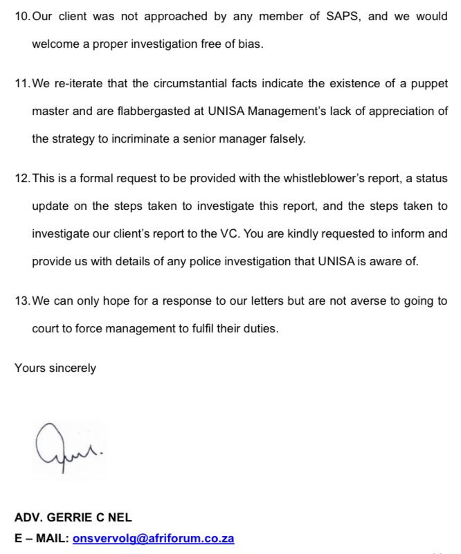 The Private Prosecution Unit’s most recent letter to Unisa.