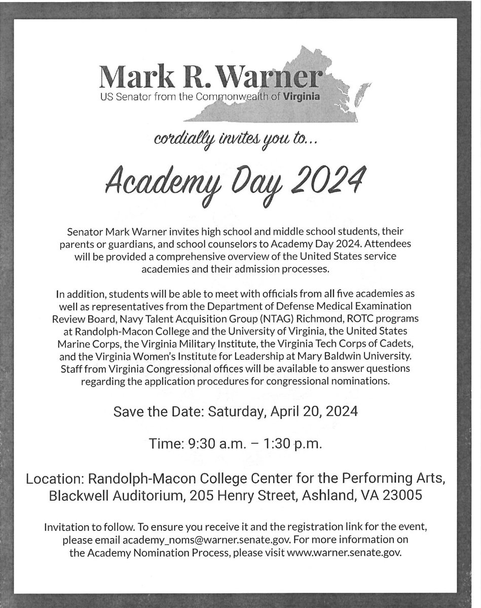 Tomorrow is Academy Day 2O24 for students & families interested in learning about the Unites States Service academies & their admission processes. See flyer for details. @theWPboard @WPHSSS @WestPoAthletics @RollwithWestPo