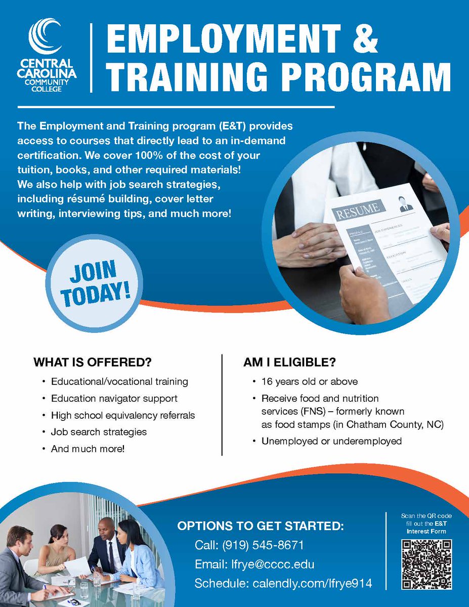 The @iamcccc Employment and Training program -- for unemployed or underemployed -- provides access to courses that directly lead to an in-demand certification. We help with job search strategies! Learn more by calling (919) 545-8671 or email to lfrye@cccc.edu.