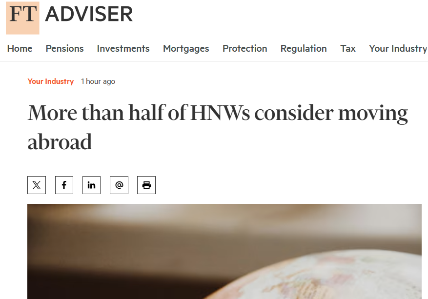 An amazing 59% of high net worth individuals are considering moving abroad, a new survey has revealed. Reduced tax is a key reason for considering a move, along with seeking an improved standard of living. Further large tax hikes will push many into actually moving.