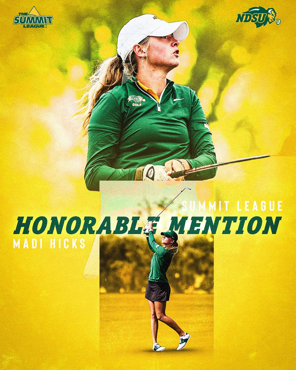 NDSUgolf's tweet photo. 𝗔𝗹𝗹-𝗦𝘂𝗺𝗺𝗶𝘁 𝗟𝗲𝗮𝗴𝘂𝗲 
𝗛𝗼𝗻𝗼𝗿𝗮𝗯𝗹𝗲 𝗠𝗲𝗻𝘁𝗶𝗼𝗻

Madi Hicks posted a team-best three top five finishes and was named to @TheSummitLeague honorable mention list!

📰: https://t.co/mM1Gf5zk0j https://t.co/GfZms6b4EV