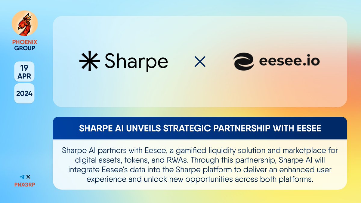 🔥 @SharpeLabs unveils strategic partnership with @Eesee_io. #SharpeAI partners with #Eesee, a gamified liquidity solution and marketplace for digital assets, tokens, and #RWAs. Through this partnership, Sharpe AI will integrate Eesee's data into the Sharpe platform to deliver