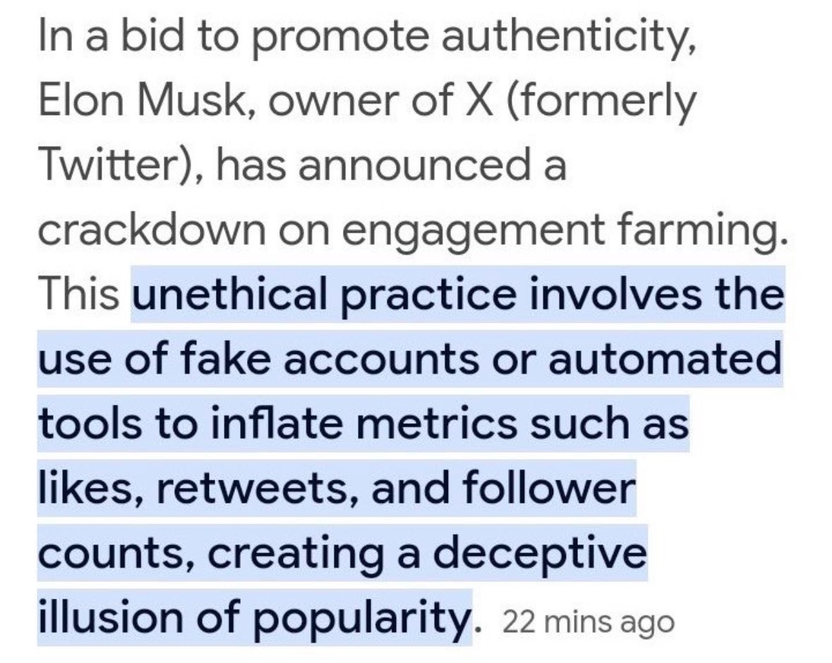 THIS is what elon means about 

“ engagement farming “ in other words 

The fake accounts will be GONE & all the people BUYING FOLLOWERS will be GONE & the REAL will STAY!! 

#ATALIV #cryptocurrency