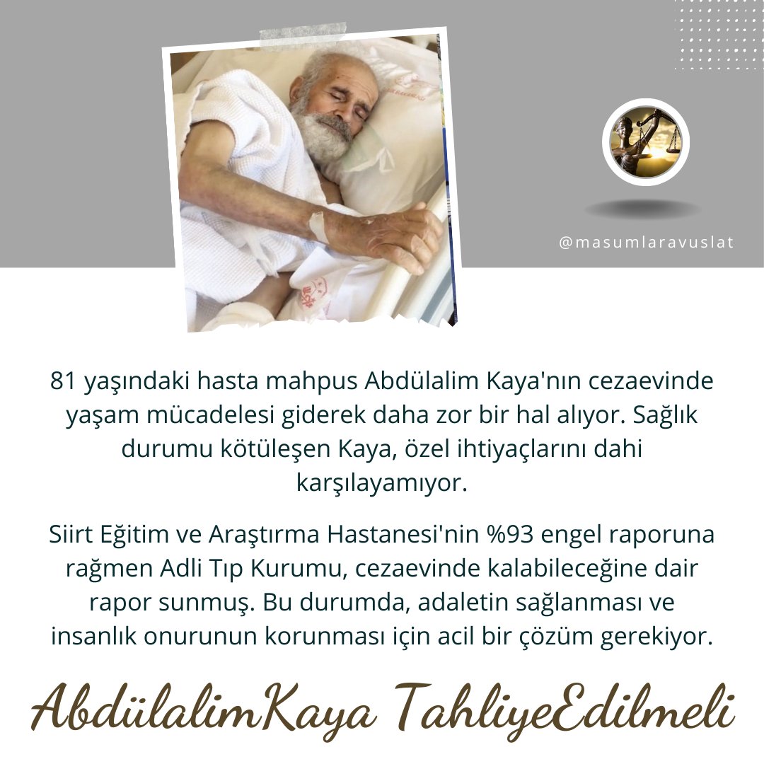 81 yaşındaki hasta mahpus Abdülalim Kaya'nın cezaevinde yaşam mücadelesi giderek daha zor bir hal alıyor. Sağlık durumu kötüleşen Kaya, özel ihtiyaçlarını dahi karşılayamıyor. Adaletin sağlanması için acil bir çözüm gerekiyor. @adalet_bakanlik AbdülalimKaya TahliyeEdilmeli