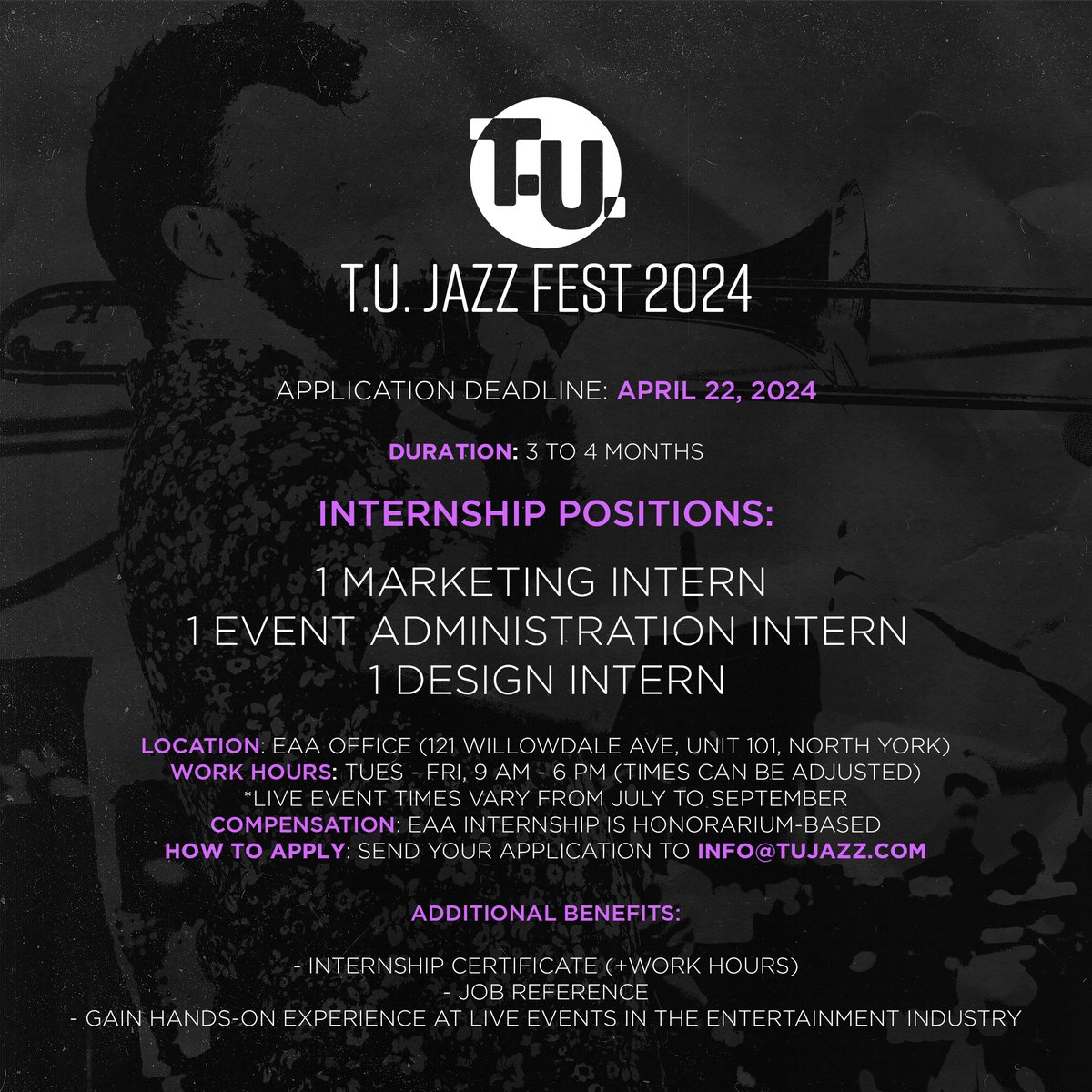 Join the T.U. Jazz Fest Team this summer as we celebrate 10 years of live music and performance opportunities! We have three internship positions open and the deadline to apply is April 22.

Send your resumes to info@tujazz.com 🎵