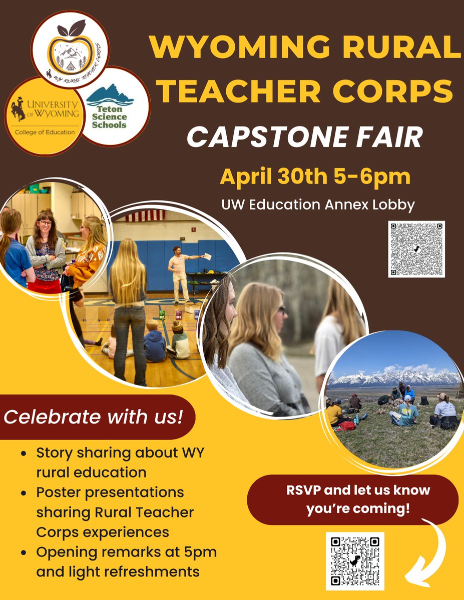 You're invited to the 2024 #WyomingRuralTeacherCorps Capstone Fair happening on April 30, from 5-6 pm in the @UWyoCoEd Ed Annex Lobby. See you there! #WyoEdChat #WyomingEducation #RuralEducation