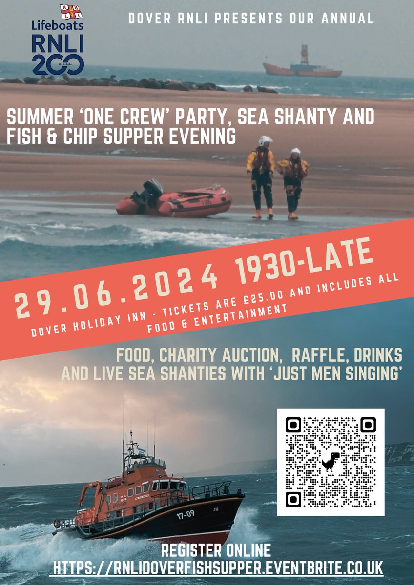 BOOK YOUR PLACE: <a href="/DoverRNLI/">Dover RNLI Lifeboat</a> Summer #OneCrew Summer Party &amp; Fish Supper Evening!

Where: Dover Holiday Inn
When: June 29th from 1930 to late
Cost: £25.00 to include meal and entertainment
Book your place: rnlidoverfishsupper.eventbrite.co.uk

#rnli #doverrnli #savinglivesatsea #rnli200