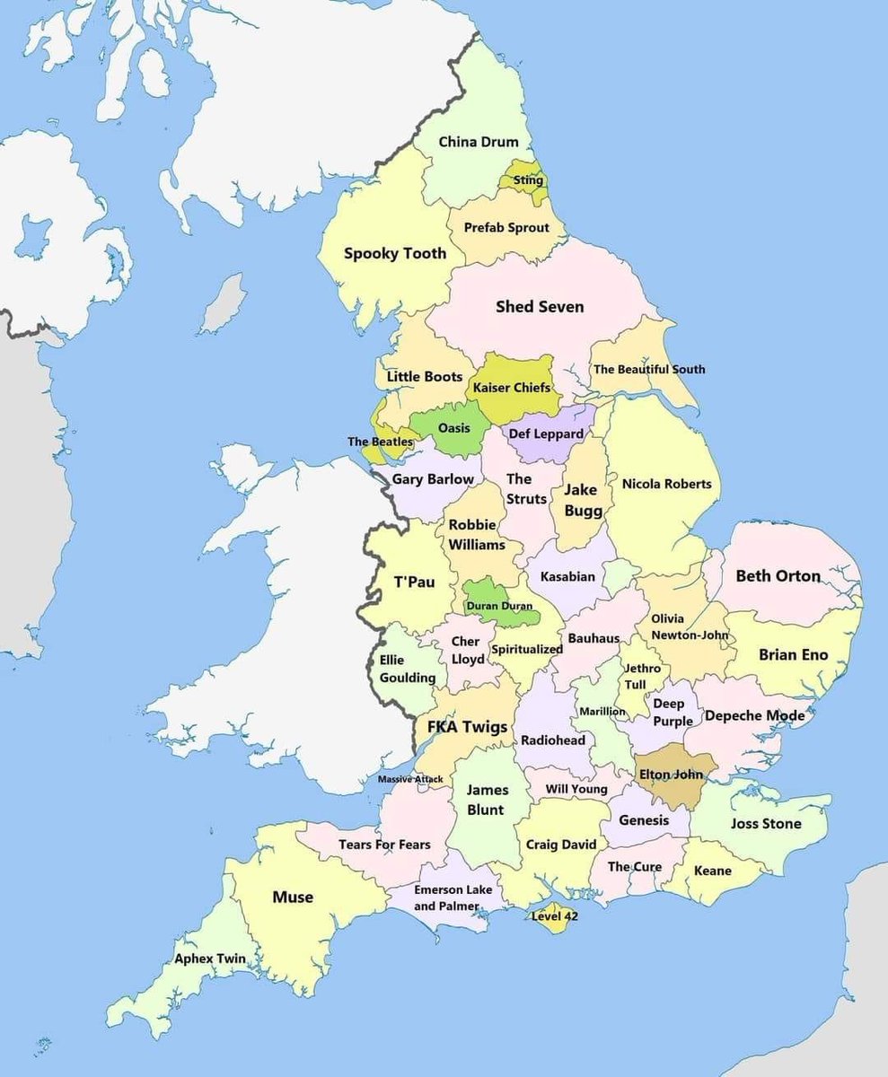 El grupo musical más famoso de cada condado de Inglaterra. ¿Cuántos conoces? Yo solo 20. #UnMapaAlDía