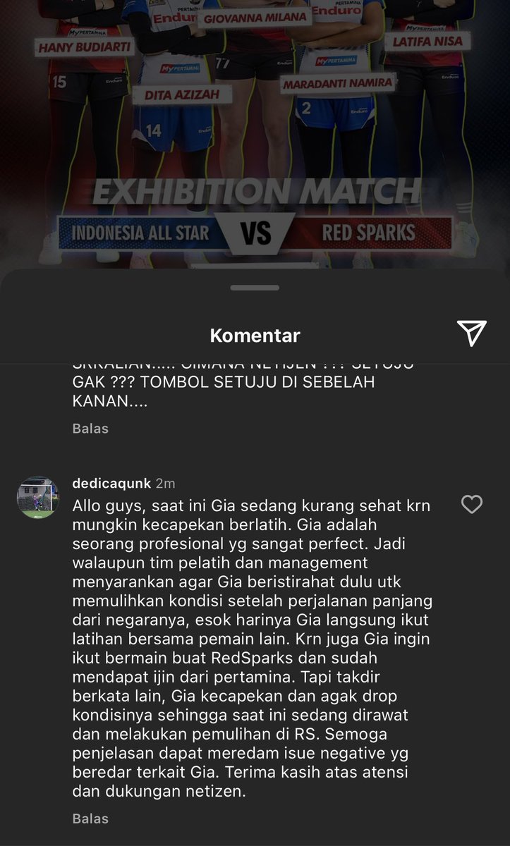 nih ya kali aja tweet gue lewat di fans redsparks indo, baca nih pernyataan dr pihak pertamina nya soal gia kenapa ga hadir di gala dinner. bukannya ga diizinin.